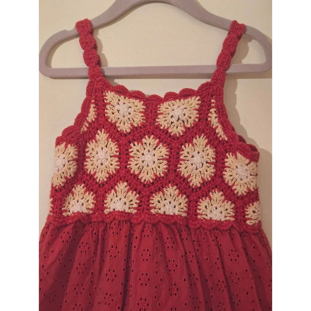 ZARA Red Crochet Eyelet Dress Boho Sleeveless Scalloped Summer Sundress 5T